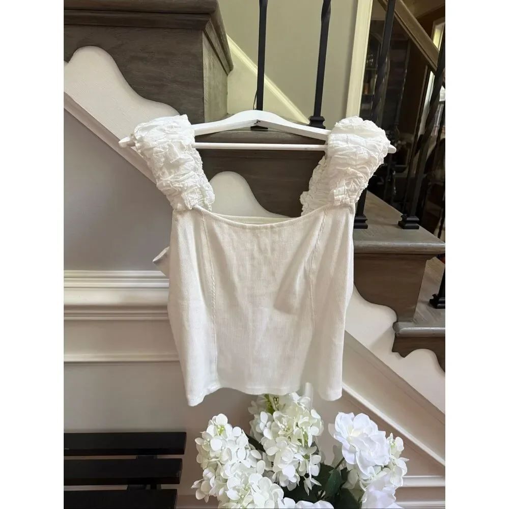 Anthropologie White Ribbed Oversized Gauzy Ruffle Sleeve Tank Top sz 2X EUC
